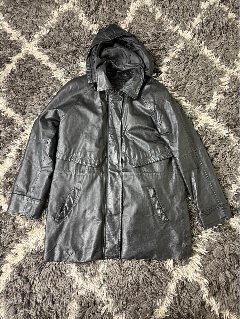 Vintage 90s Gino Quality Leather Jacket Coat Mens M Black Hooded Parka